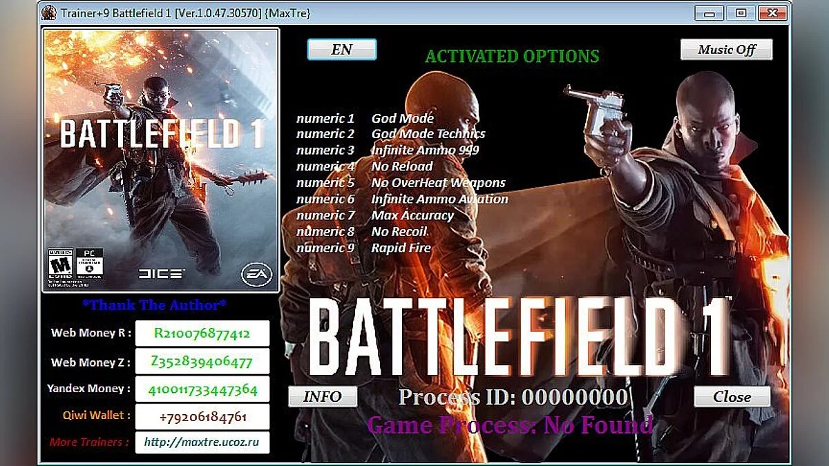 Battlefield 1 — Трейнер / Trainer (+9) [1.0.47.30570] [MaxTre]