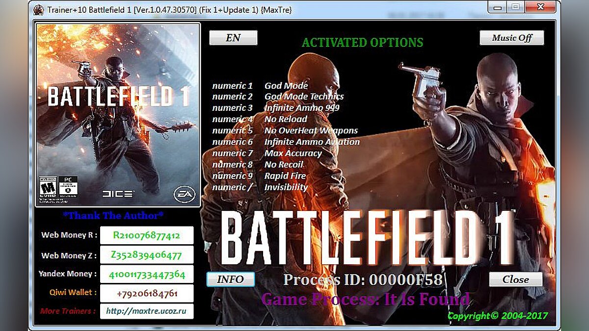 Battlefield 1 — Трейнер / Trainer (+10) [Ver.1.0.47.30570] (Fix 1+Update 1) [MaxTre]
