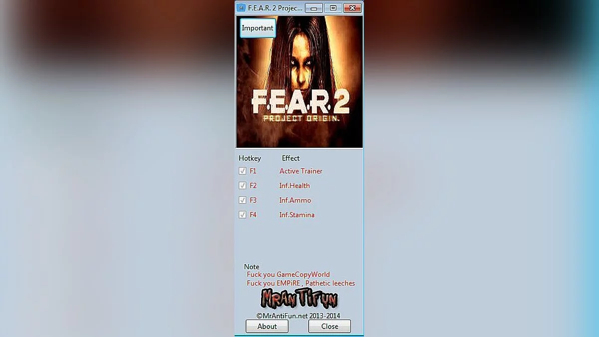 F.E.A.R. 2: Project Origin — Трейнер / Trainer (+3) [1.5.0] [MrAntiFun]