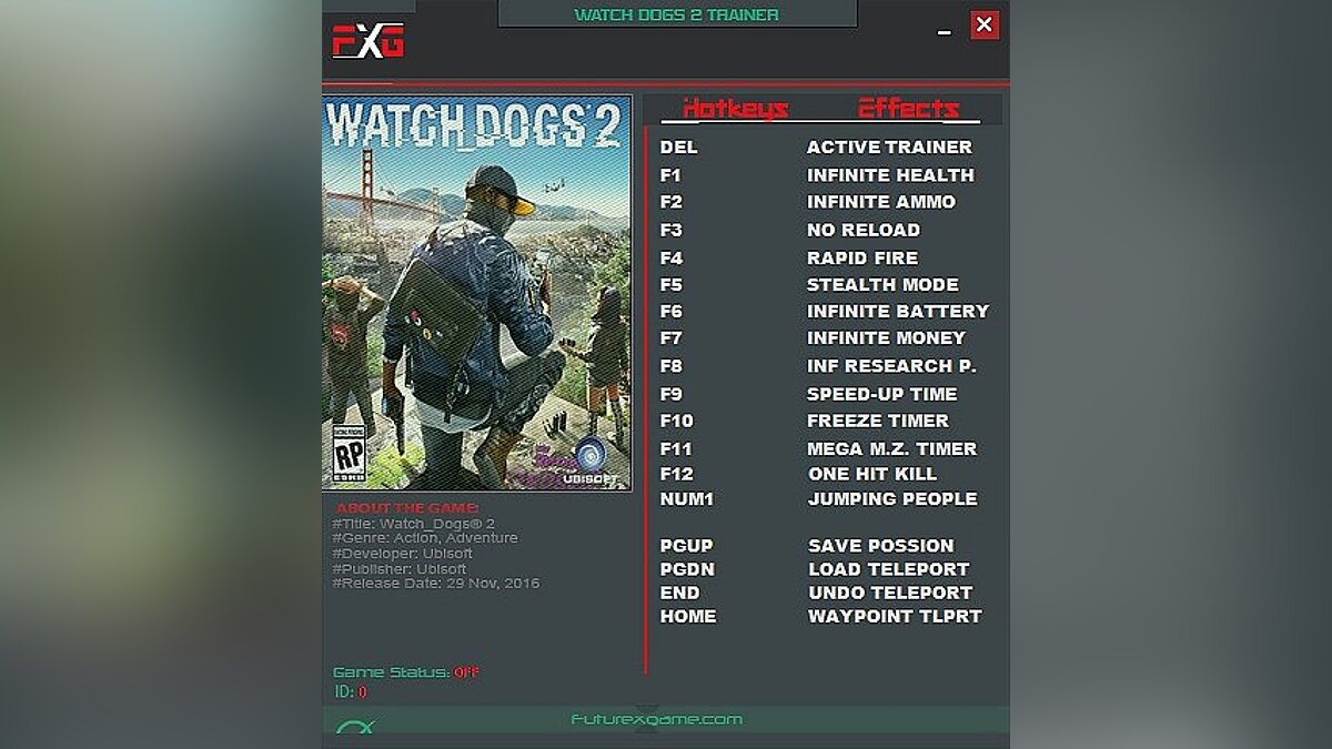 Watch Dogs 2 — Трейнер / Trainer (+8) [1.07] [FutureX]