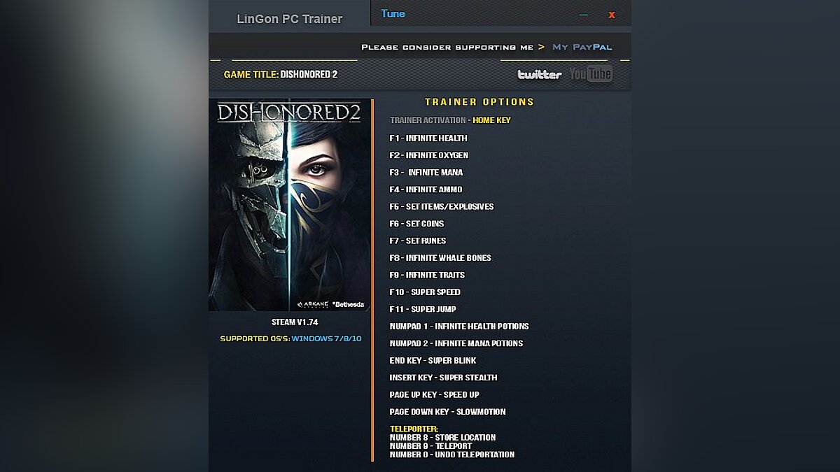 Dishonored 2 — Трейнер / Trainer (+18) [1.74: x64] [LinGon] - Final Fixed Version
