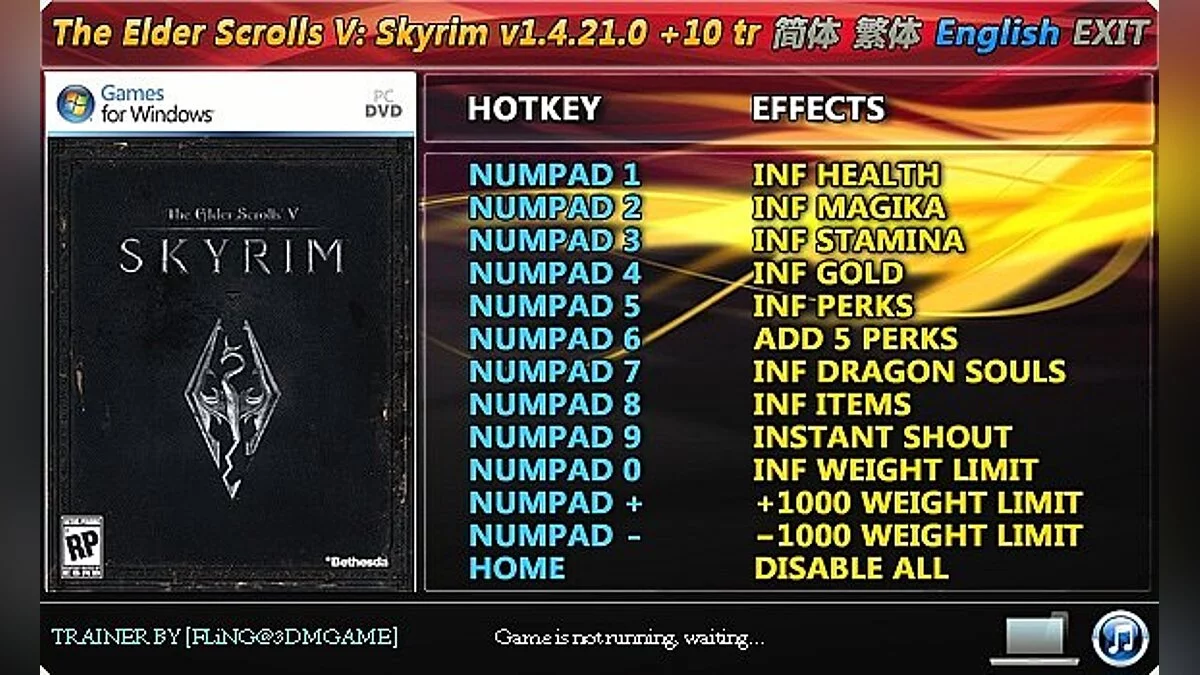 The Elder Scrolls 5: Skyrim — Трейнер / Trainer (+10) [1.4.21.0 / Update 5] [FLiNG]