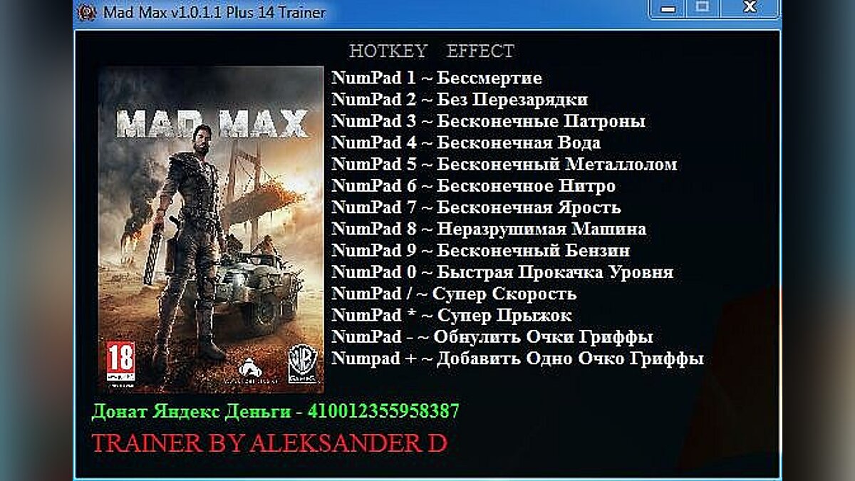 Mad Max — Трейнер / Trainer (+14) [1.0.1.1] [Aleksander D]