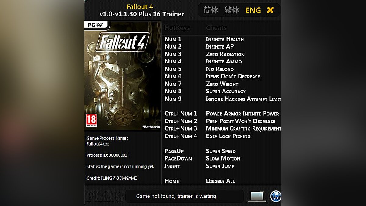 Fallout 4 — Трейнер / Trainer (+16) [1.0 - 1.1.30] [FLiNG]