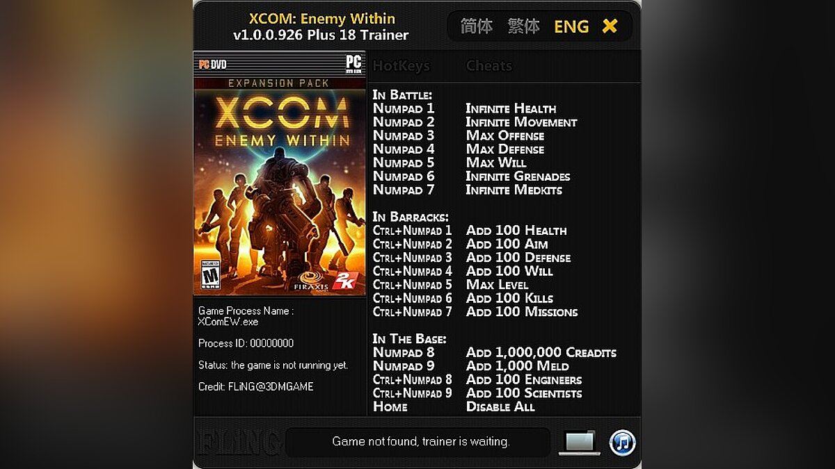 XCOM: Enemy Unknown — Трейнер / Trainer (+18) [1.0.0.926] [FLiNG]
