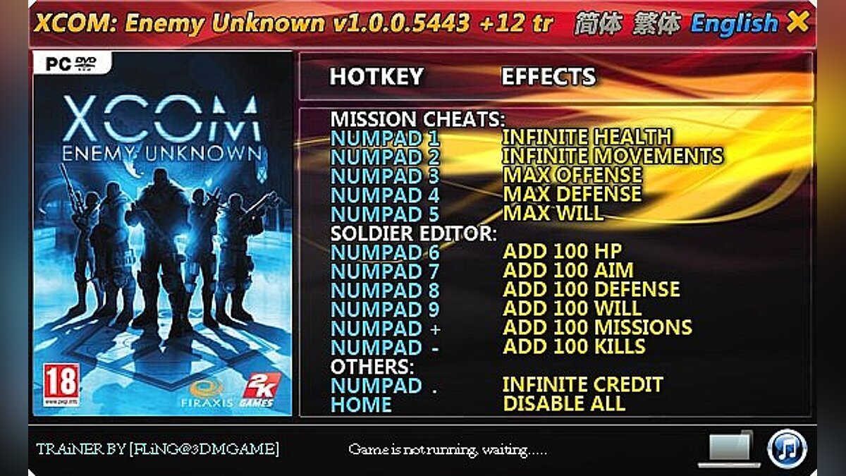 XCOM: Enemy Unknown — Трейнер / Trainer (+12) [1.0.0.5443] [FLiNG]