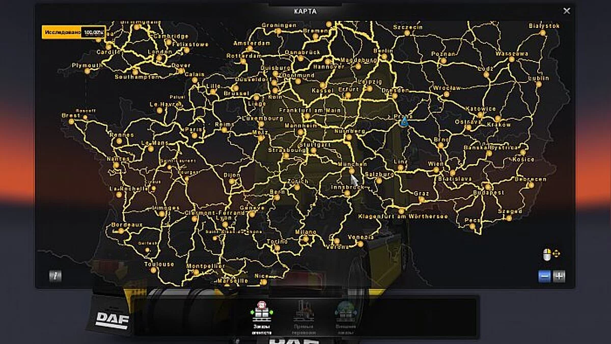 Euro Truck Simulator 2 — Сохранение / SaveGame (52 ур, 100 миллионов, 119 гаражей, карта 100%)