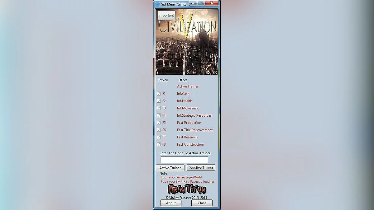 Sid Meier&#039;s Civilization 5 — Трейнер / Trainer (+8) [1.0.3.142] [MrAntiFun]