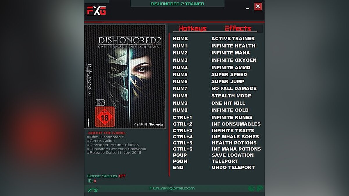 Dishonored 2 — Трейнер / Trainer (+17) [1.77.5.0] [FutureX]