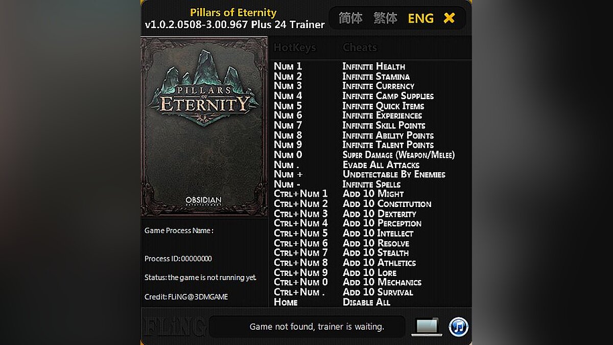 Pillars of Eternity — Трейнер / Trainer (+24) [1.0.2.0508 - 3.00.967] [FLiNG]