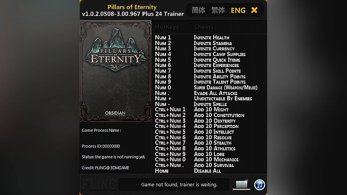 Pillars of Eternity — Трейнер / Trainer (+24) [1.0.2.0508 - 3.00.967] [FLiNG]