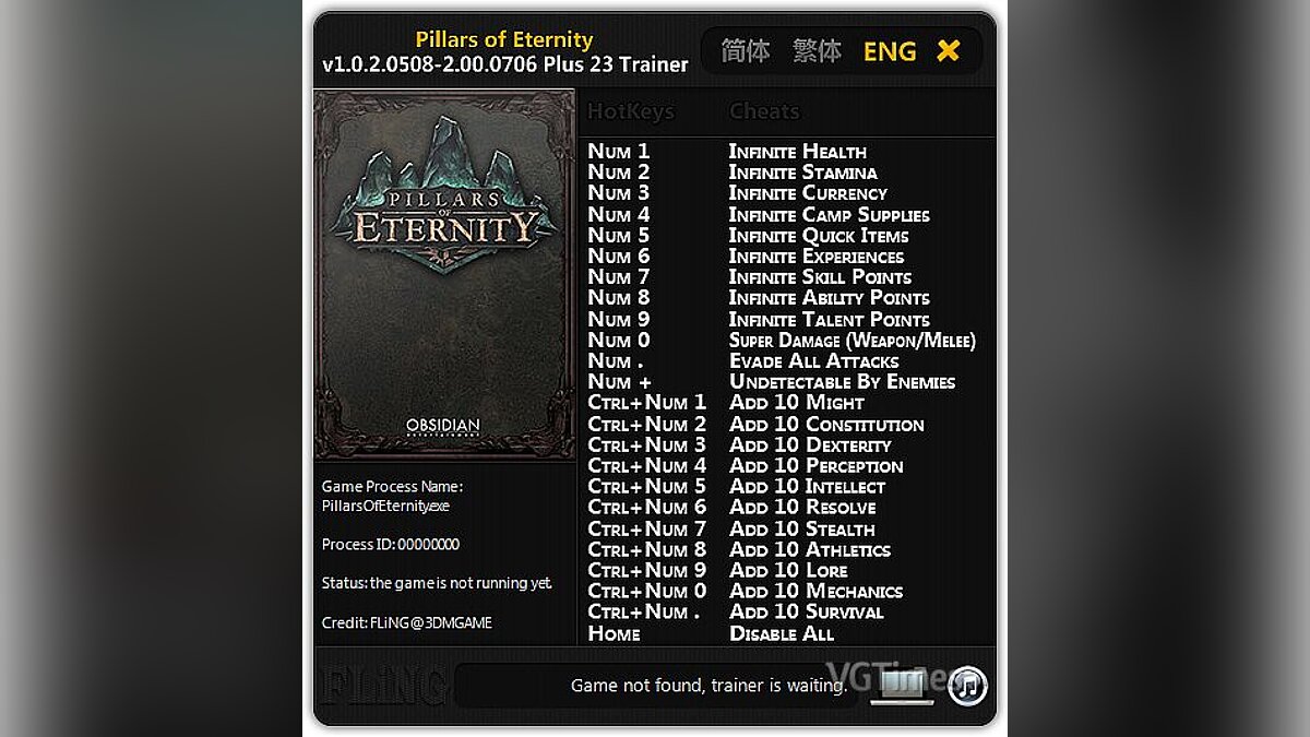 Pillars of Eternity — Трейнер / Trainer (+23) [1.0.2.0508 - 2.00.0706] [FLiNG]