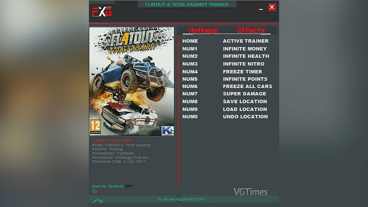 FlatOut 4: Total Insanity — Трейнер / Trainer (+8) [1.0] [FutureX]