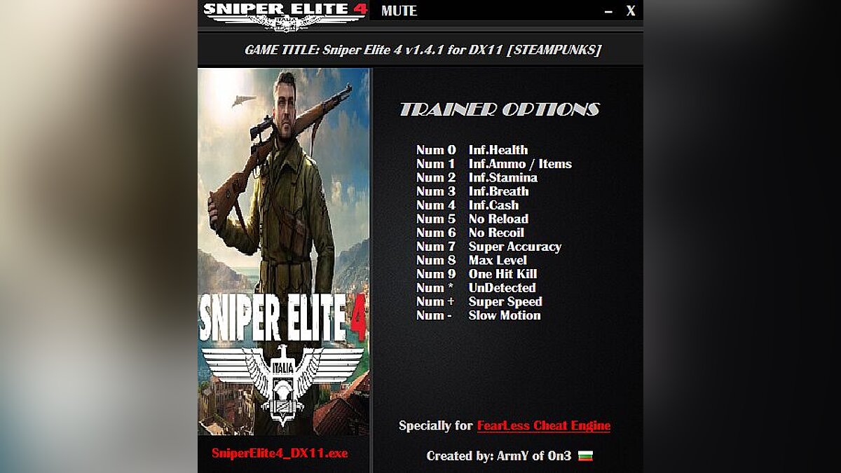 Sniper Elite 4 — Трейнер / Trainer (+13) [1.4.1 DX11-DX12] [ArmY of 0n3]