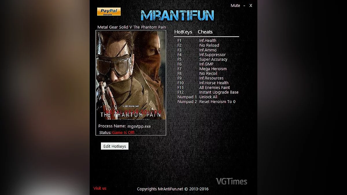 Metal Gear Solid 5: The Phantom Pain — Трейнер / Trainer (+14) [1.09: Alternate "B" Version] [MrAntiFun]