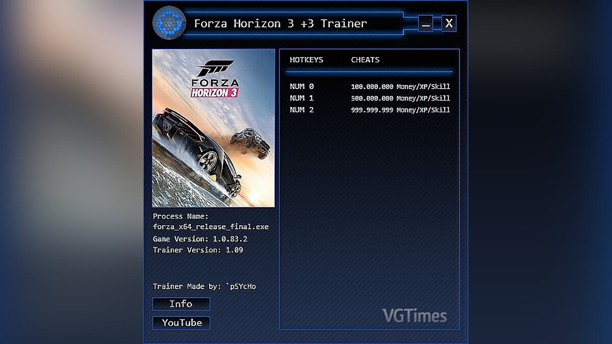 Forza Horizon 3 — Трейнер / Trainer (+3) [Money / XP / Skill Trainer] [1.09] ['pSYcHo]