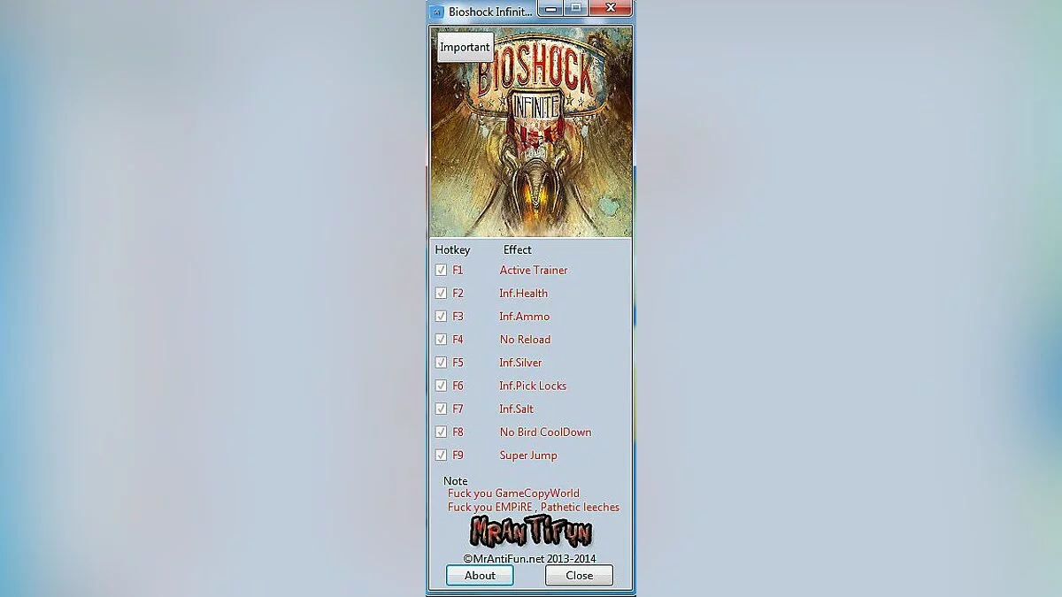 BioShock Infinite — Трейнер / Trainer (+8) [1.1.25.5165] [MrAntiFun]