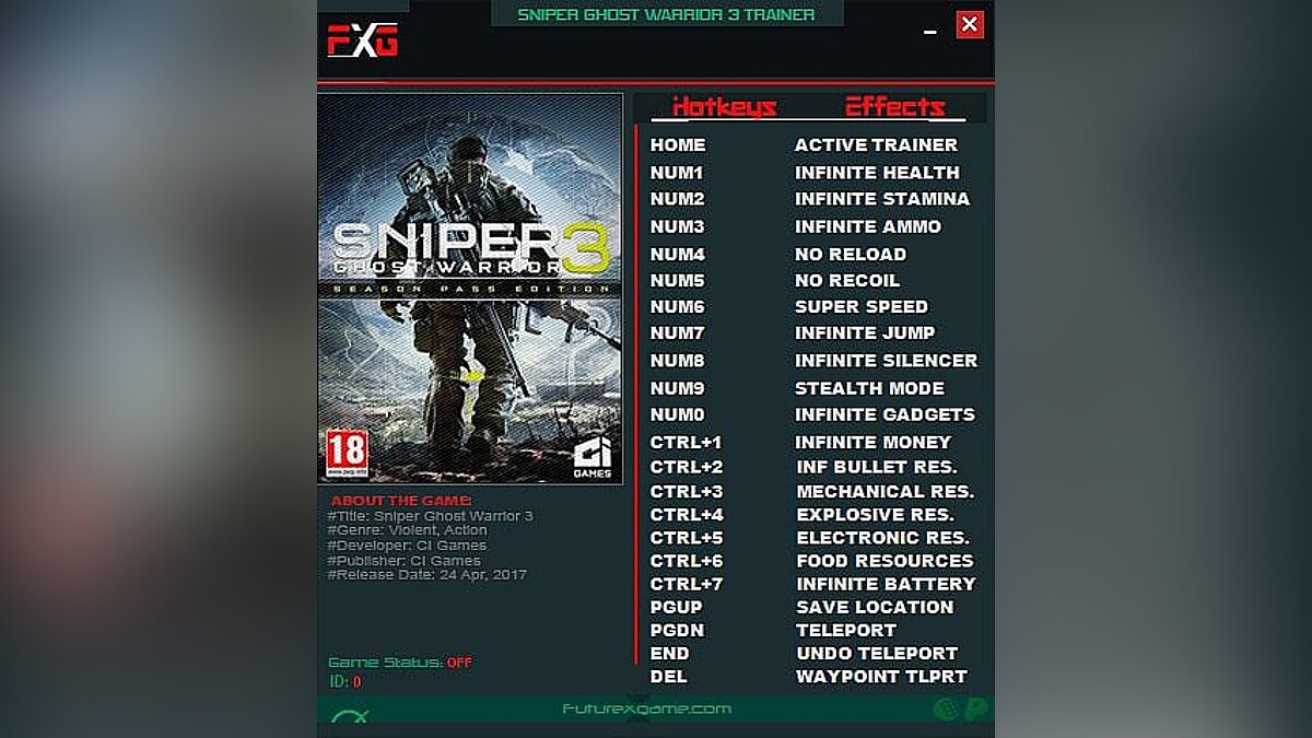 Sniper: Ghost Warrior 3 — Трейнер / Trainer (+19) [1.0.3] [FutureX]