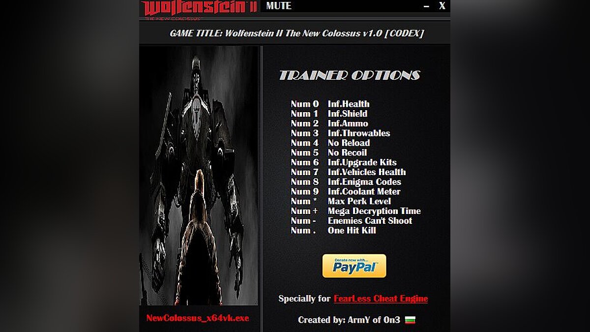 Wolfenstein II: The New Colossus — Трейнер / Trainer (+14) [1.0] [ArmY of 0n3]
