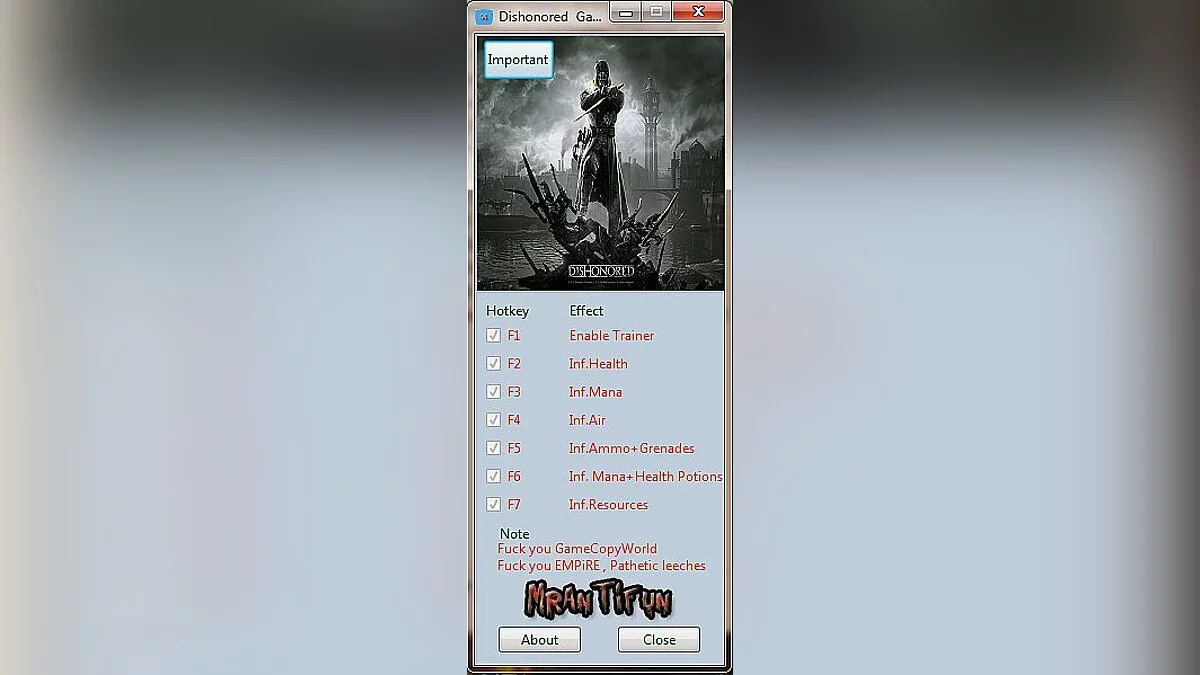 Dishonored — Трейнер / Trainer (+4) [1.0] [MrAntiFun]