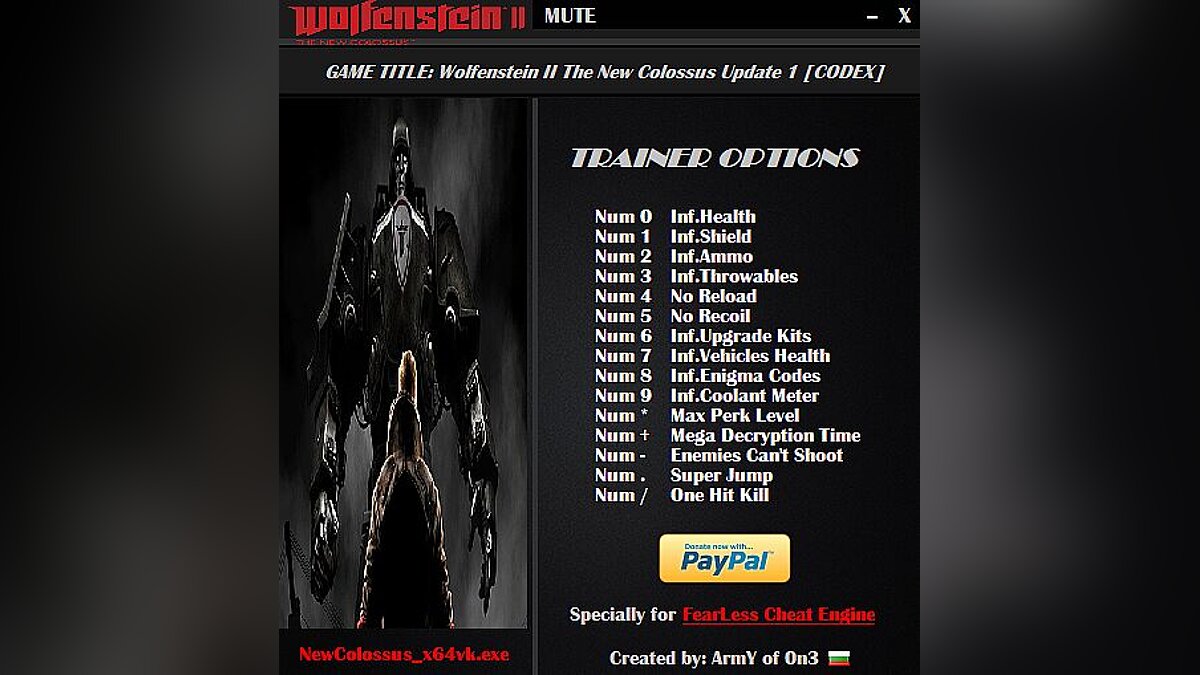 Wolfenstein II: The New Colossus — Трейнер / Trainer (+15) [Update 1] [ArmY of 0n3]