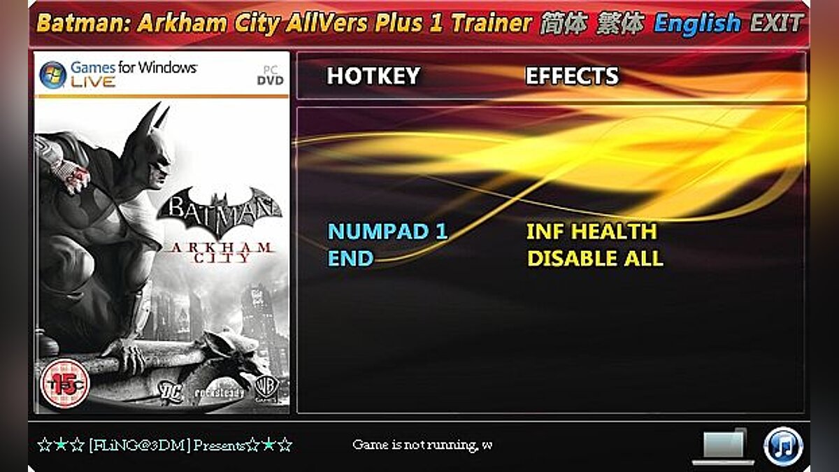 Batman: Arkham City — Трейнер / Trainer (+1: Бессмертие / Immortality) [All Versions: 1.0 / Update 1 and Others - DX9 / DX11: Fixed] [FLiNG]