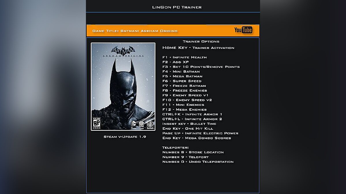 Batman: Arkham Origins — Трейнер / Trainer (+20) [1.9 ~ Update 9] [LinGon]