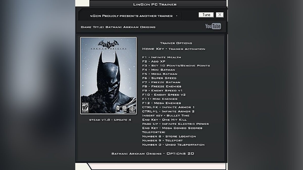 Batman: Arkham Origins — Трейнер / Trainer (+20) [1.8 ~ Update 8] [LinGon]