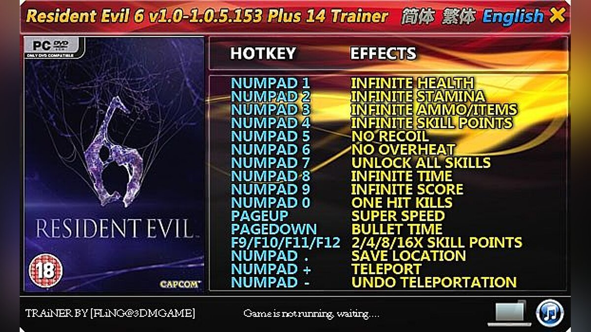 Resident Evil 6 — Трейнер / Trainer (+14) [1.0 ~ 1.0.6.165] [FLiNG]