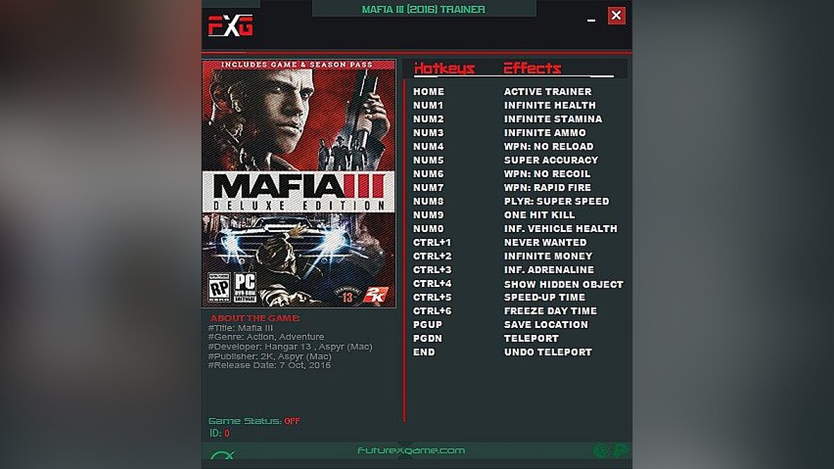 Mafia 3: Rivals — Трейнер / Trainer (+17) [1.0 - 1.09] [FutureX] / Трейнеры  / Читы