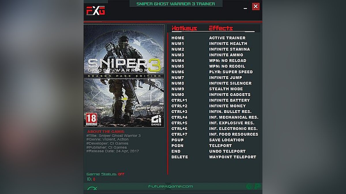 Sniper: Ghost Warrior 3 — Трейнер / Trainer (+19) [1.0 - 1.4] [FutureX]