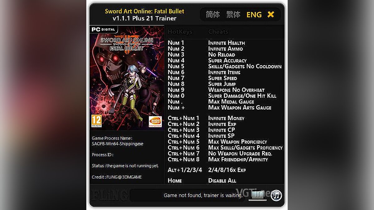 Sword Art Online: Fatal Bullet — Трейнер / Trainer (+21) [v1.1.1] [FLiNG]