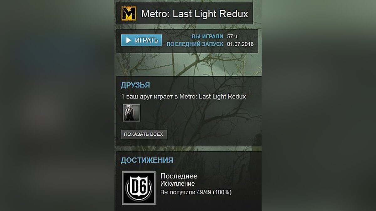 Metro: Last Light — Сохранение / SaveGame (Игра пройдена на 100%, открыты все достижения STEAM)