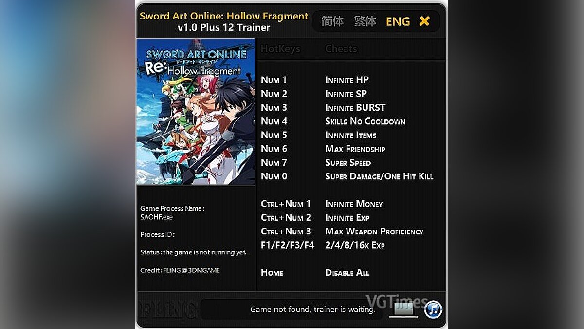 Sword Art Online: Hollow Fragment — Трейнер / Trainer (+12) [1.00-1.02] [FLiNG]