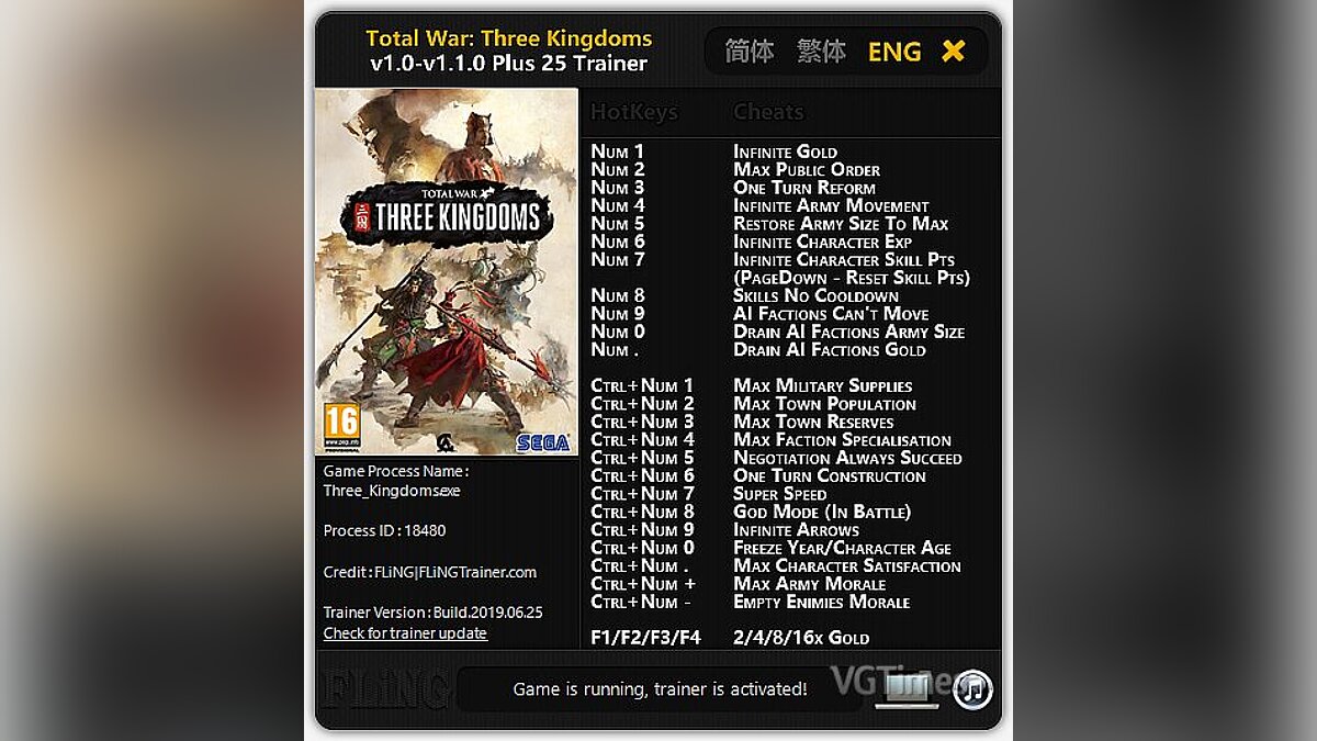 Total War: Three Kingdoms — Трейнер (+25) [1.0 - 1.1.0 (25.06.2019)] [
