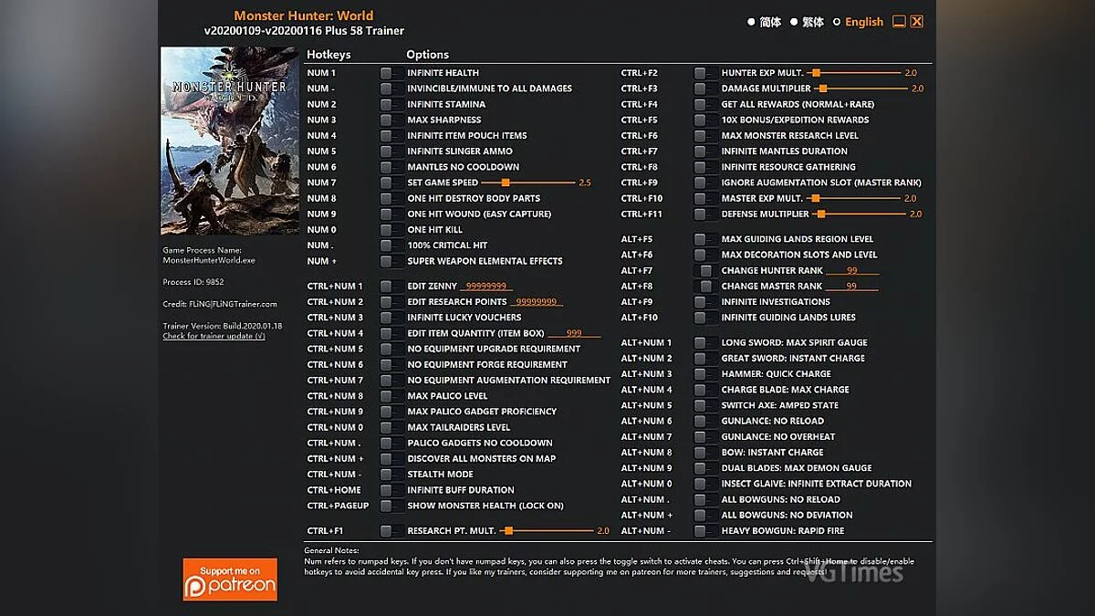 Monster Hunter: World — Трейнер (+58) [UPD: 09.01.2020 - 16.01.2020]