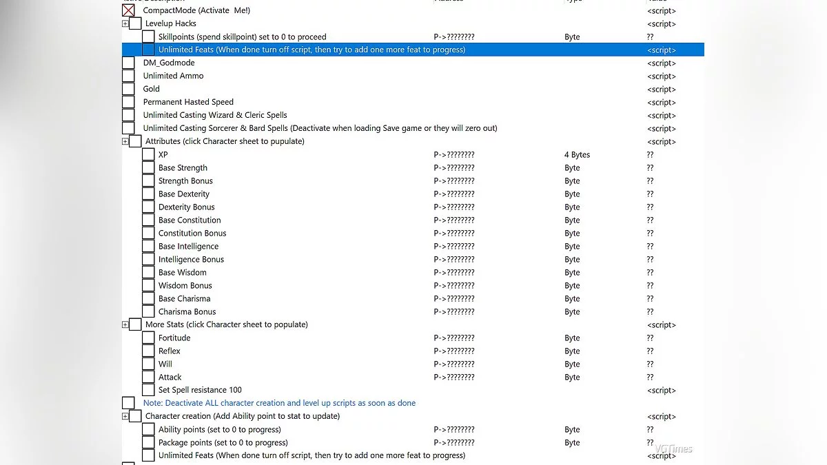 Таблица для Cheat Engine [1.79.8193]