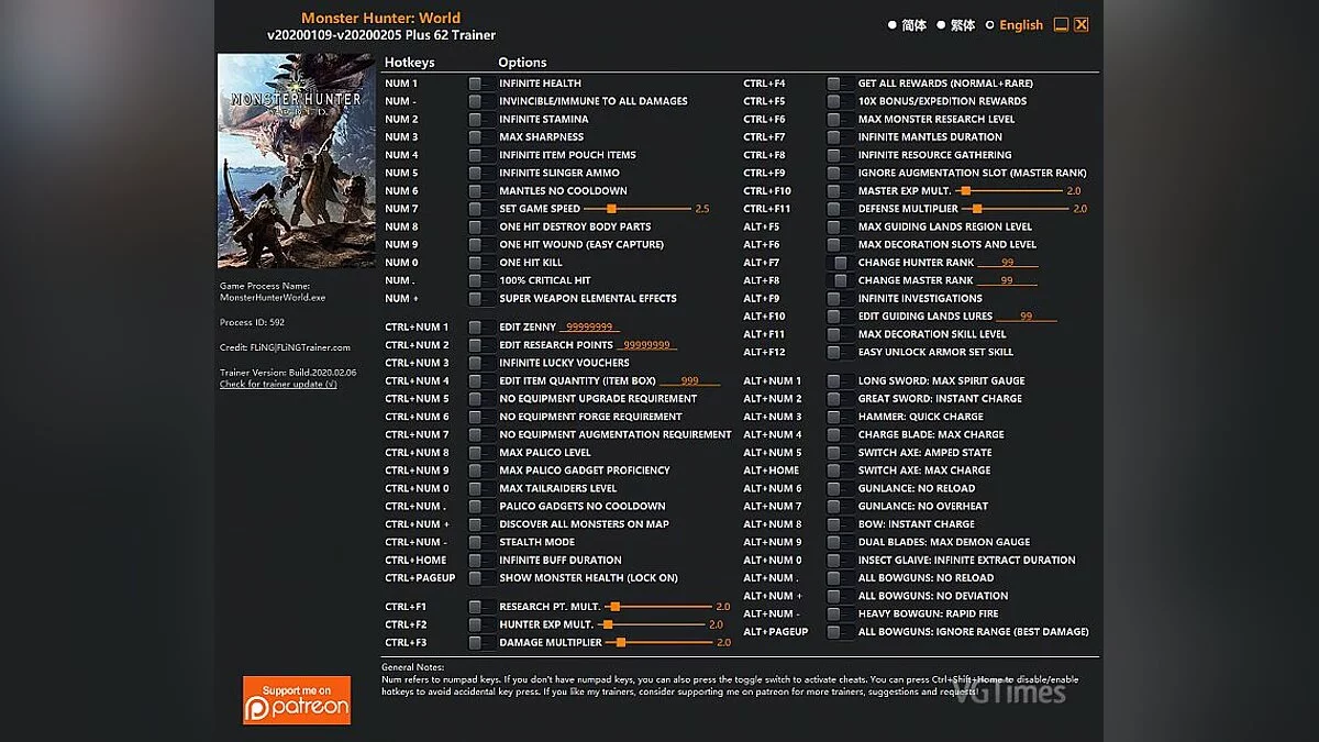 Monster Hunter: World — Трейнер (+62) [UPD: 09.01.2020 - 05.02.2020]