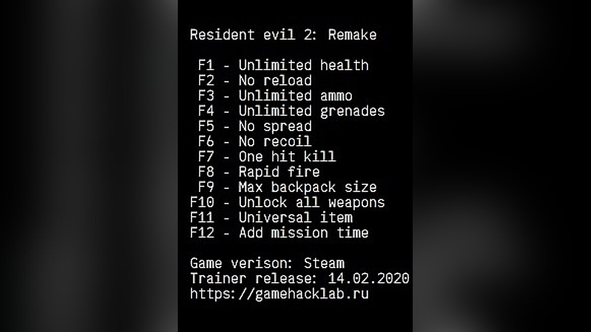 Resident Evil 2 — Трейнер (+12) [Steam]