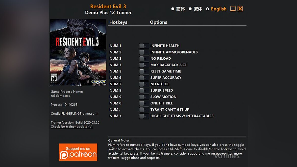 Resident Evil 3 — Трейнер (+12) [DEMO]
