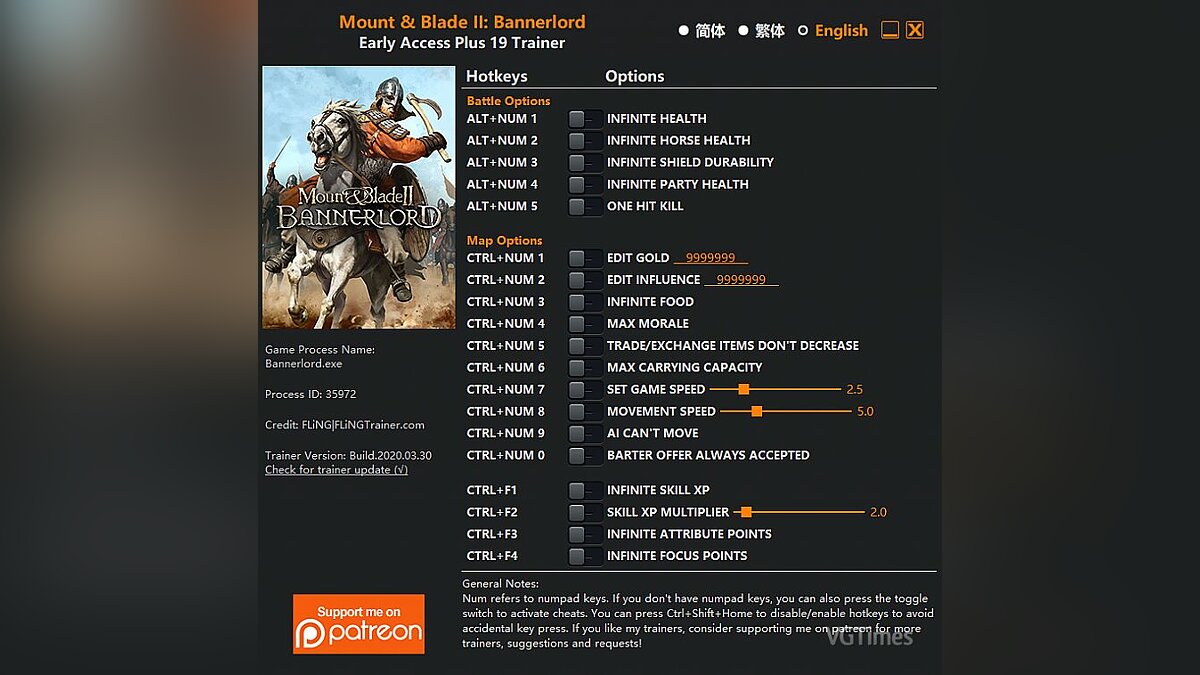 Mount &amp; Blade 2: Bannerlord — Трейнер (+19) [EA: 30.03.2020] - Updated Version
