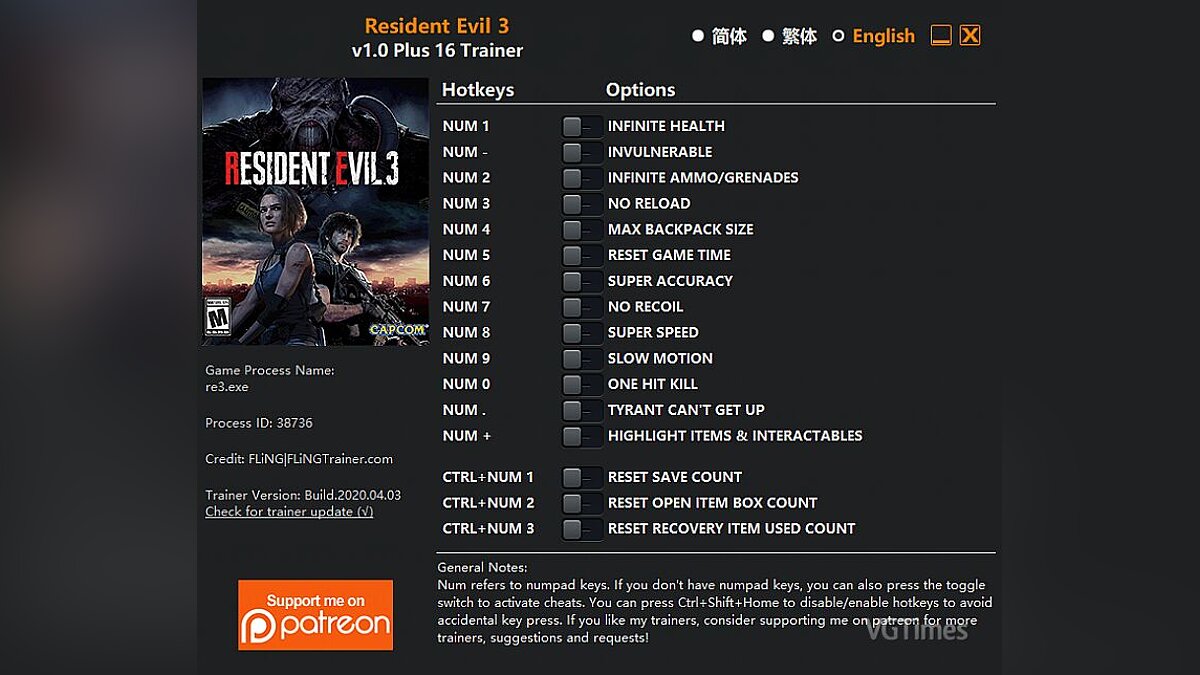 Resident Evil 3 — Трейнер (+16) [1.0]