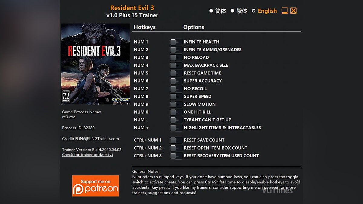 Resident Evil 3 — Трейнер (+15) [1.0]