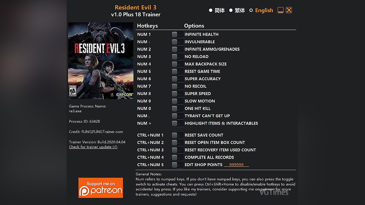 Resident Evil 3 — Трейнер (+18) [1.0]