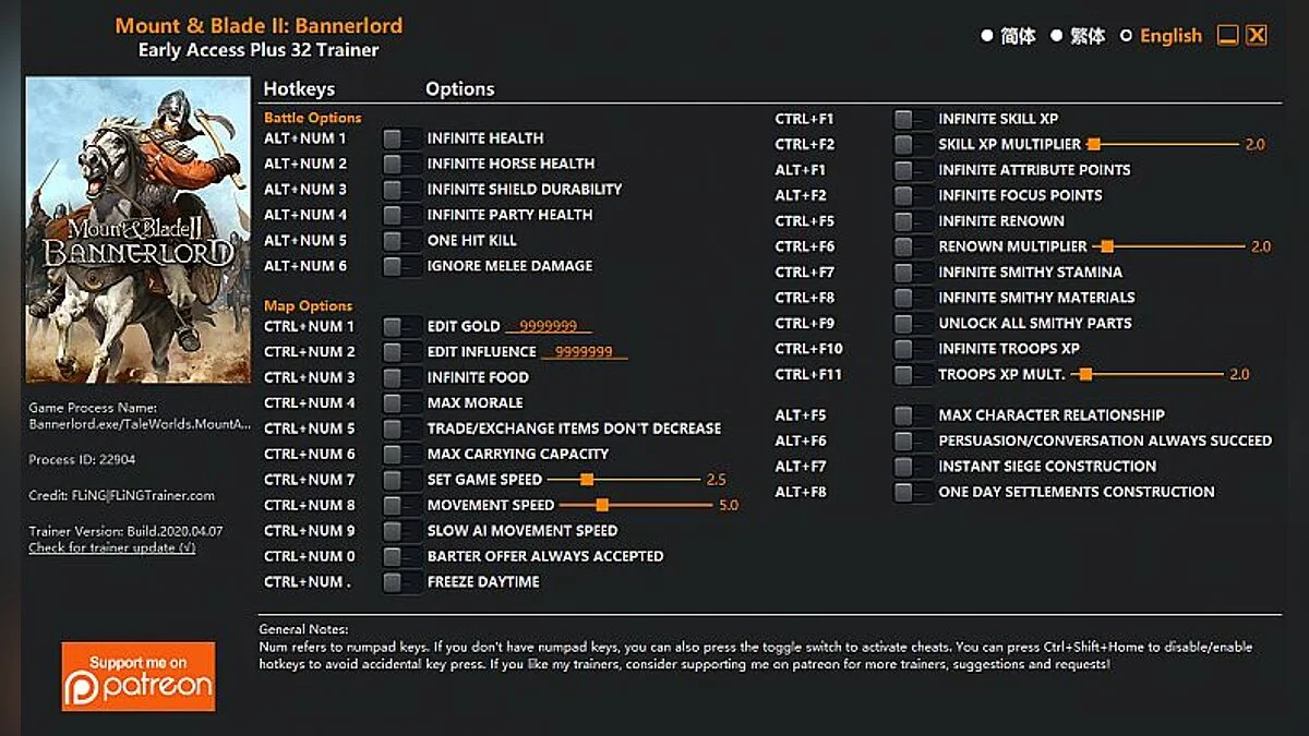 Mount &amp; Blade 2: Bannerlord — Трейнер (+32) [EA: 07.04.2020]