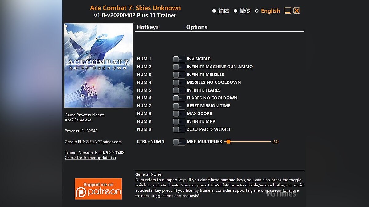 Ace Combat 7: Skies Unknown — Трейнер (+11) [v1.0 - UPD: 02.04.2020]