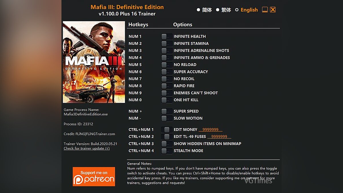 Mafia 3: Definitive Edition — Трейнер (+16) [1.100.0]