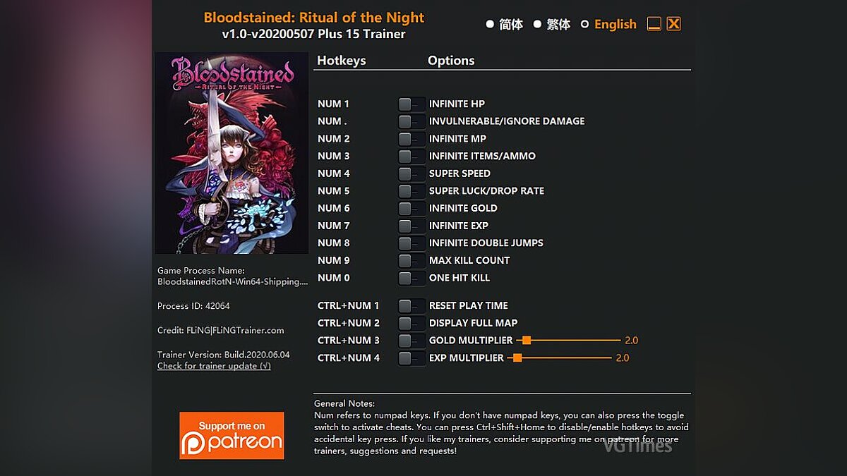 Bloodstained: Ritual of the Night — Трейнер (+15) [1.0 - UPD: 07.05.2020]