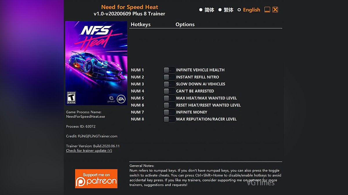 Need for Speed Heat — Трейнер (+8) [1.0 - UPD: 09.06.2020]