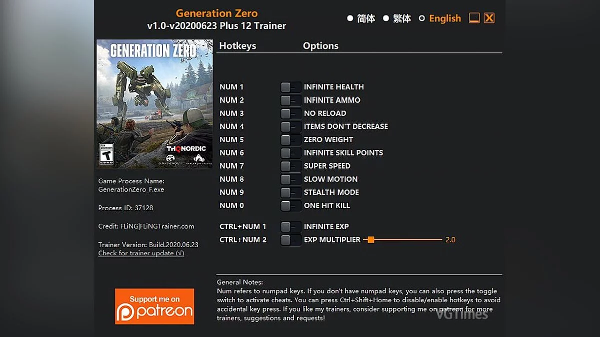 Generation Zero — Трейнер (+12) [1.0 - UPD: 24.06.2020]